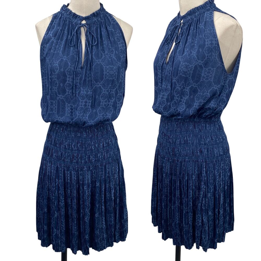Anthropologie Current Air Mini Dress Blouson Pleated Fit & Flare Printed Blue S